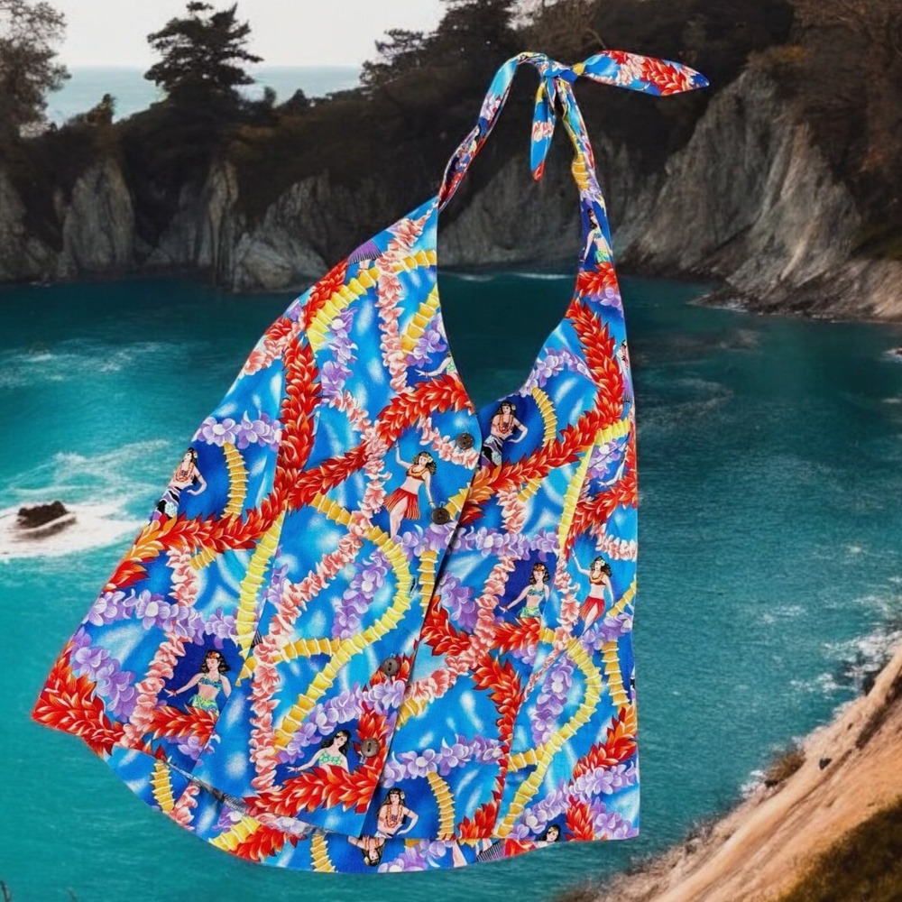 Hilo Hattie Hawaiian‎ Halter Top Women M Hula Girl Lei Dancing Party *Read